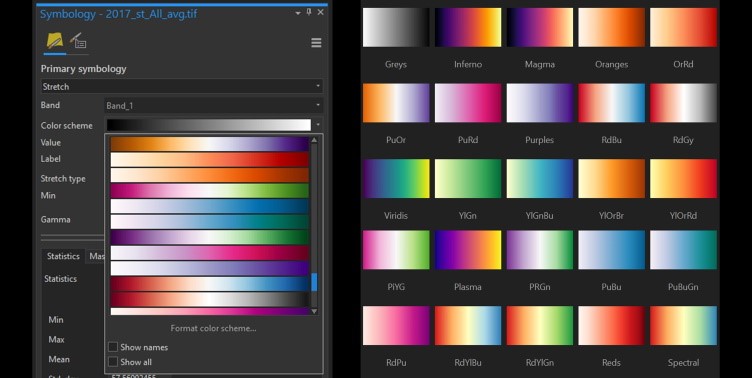 Perceptually uniform colour palettes in the ArcGIS Pro and QGIS software